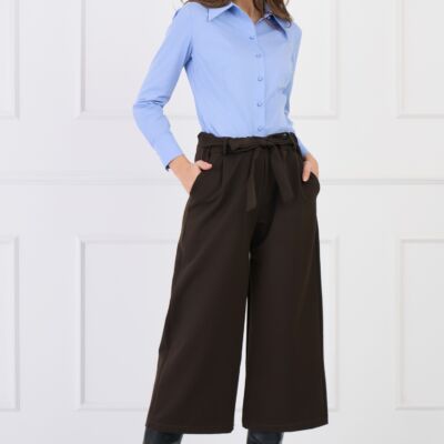 Black Friday Pantaloni smart-casual din stofa maro evazati cu buzunare si cordon