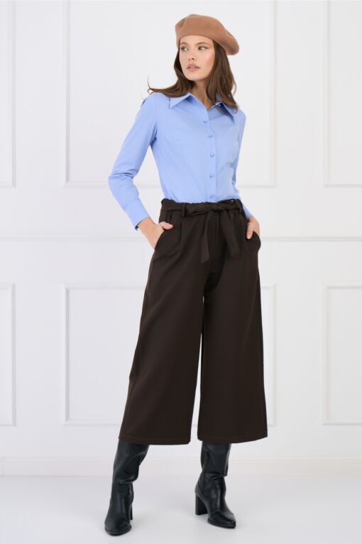 Black Friday Pantaloni smart-casual din stofa maro evazati cu buzunare si cordon