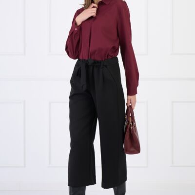 Black Friday Pantaloni smart-casual din stofa negri evazati cu buzunare si cordon