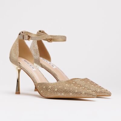 Black Friday Pantofi eleganti aurii cu pietre si perle decorative