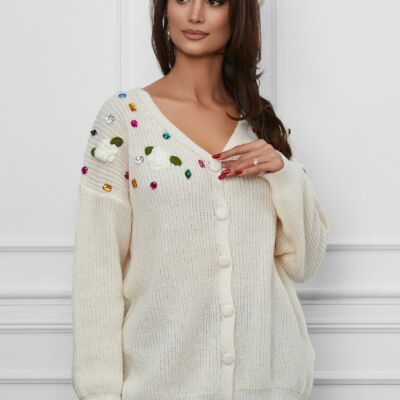 Black Friday Pulover Amy ivory cu pietre colorate si flori 3D