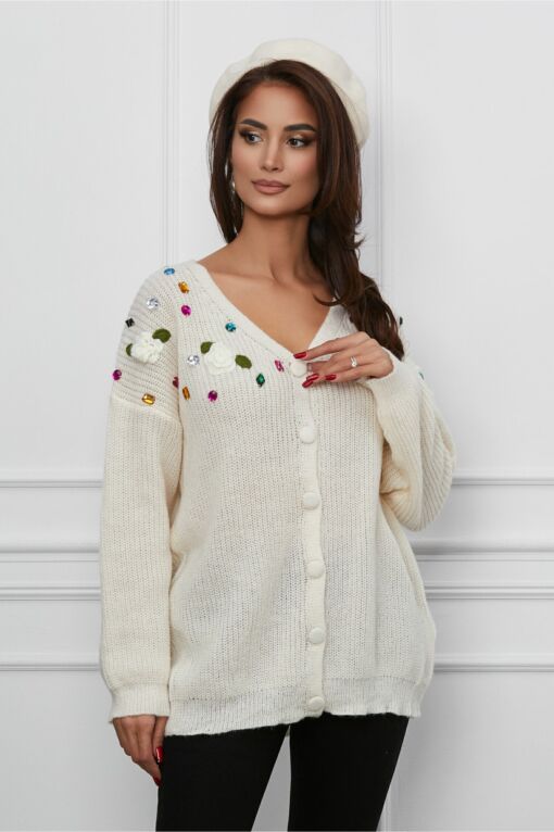 Black Friday Pulover Amy ivory cu pietre colorate si flori 3D