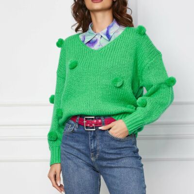 Black Friday 2022 Pulover Dora verde cu pom-pom