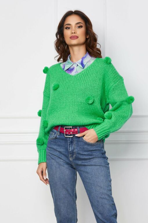 Black Friday 2022 Pulover Dora verde cu pom-pom