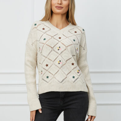 Black Friday 2022 Pulover Valentina bej cu flori colorate