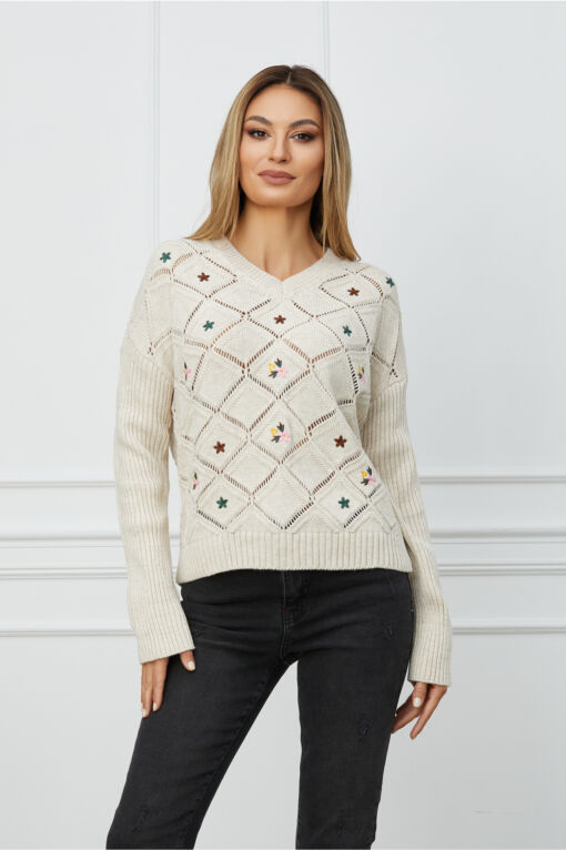 Black Friday 2022 Pulover Valentina bej cu flori colorate