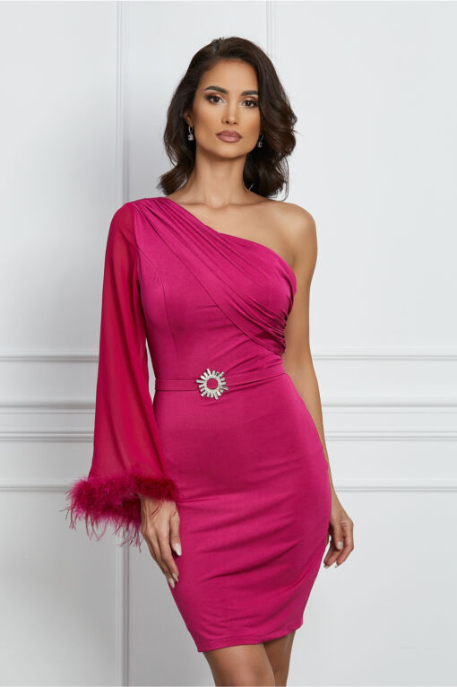 Black Friday 2022 Rochie Adela fucsia cu o maneca lunga si curea in talie