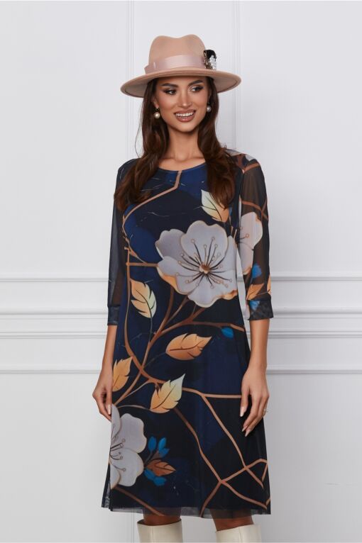 Black Friday Rochie Adina bleumarin cu flori bej