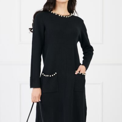 Black Friday Rochie Adina neagra din tricot cu perle la decolteu si buzunare