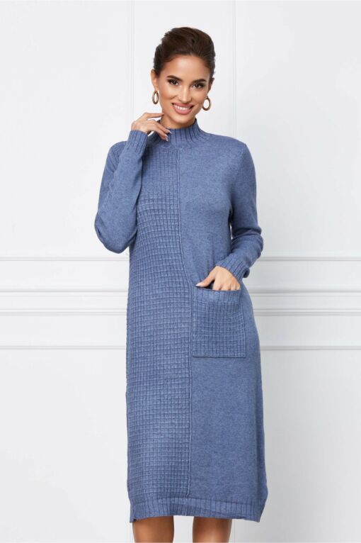 Black Friday 2022 Rochie Alexandra albastra din tricot cu buzunar