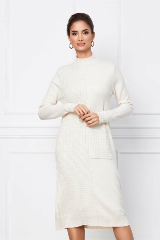 Black Friday 2022 Rochie Alexandra ivoire din tricot cu buzunar