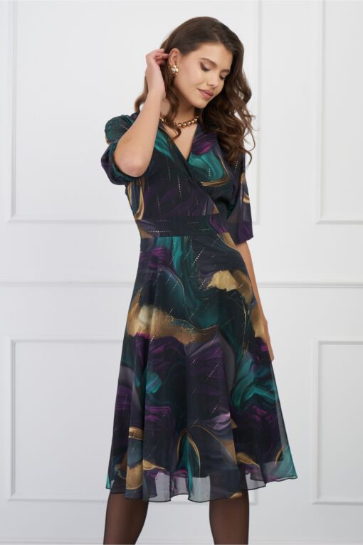 Black Friday 2022 Rochie Alexandra mov din voal cu imprimeuri turcoaz