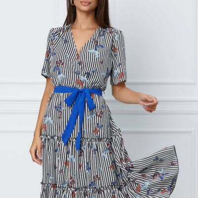 Black Friday 2022 Rochie Alisa cu dungi alb-negre si volane pe fusta