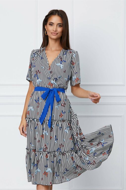 Black Friday 2022 Rochie Alisa cu dungi alb-negre si volane pe fusta
