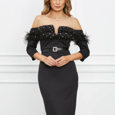 Black Friday 2022 Rochie Amalia neagra cu pene si perle la bust