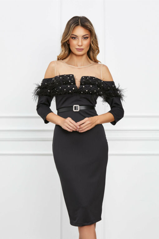 Black Friday 2022 Rochie Amalia neagra cu pene si perle la bust