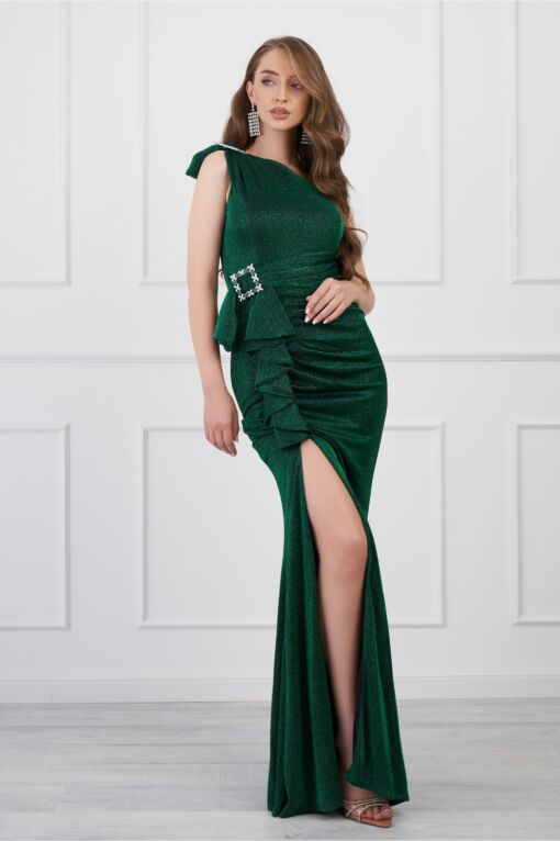 Black Friday 2022 Rochie Amalia verde lunga cu glitter si catarama cu strasuri