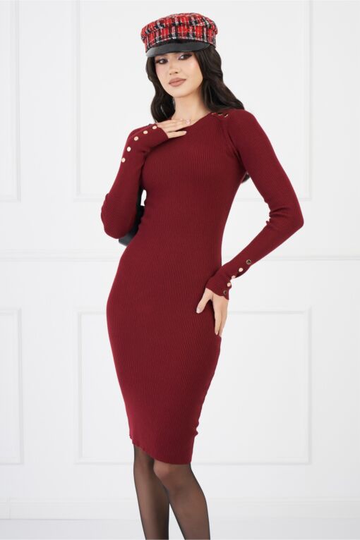 Black Friday 2022 Rochie Anastasia bordo din tricot cu nasturi la maneci si umeri