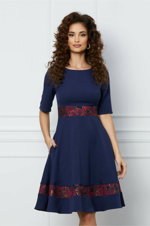 Black Friday 2022 Rochie Anca bleumarin cu imprimeu magenta