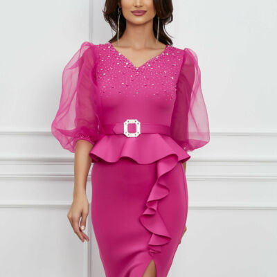 Black Friday 2022 Rochie Andra fucsia din neopren cu maneci din organza