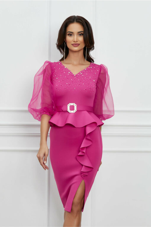 Black Friday 2022 Rochie Andra fucsia din neopren cu maneci din organza