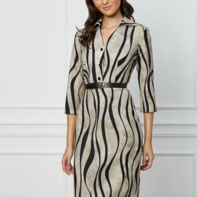 Black Friday 2022 Rochie Andreea ivory cu imprimeuri negre si curea in talie