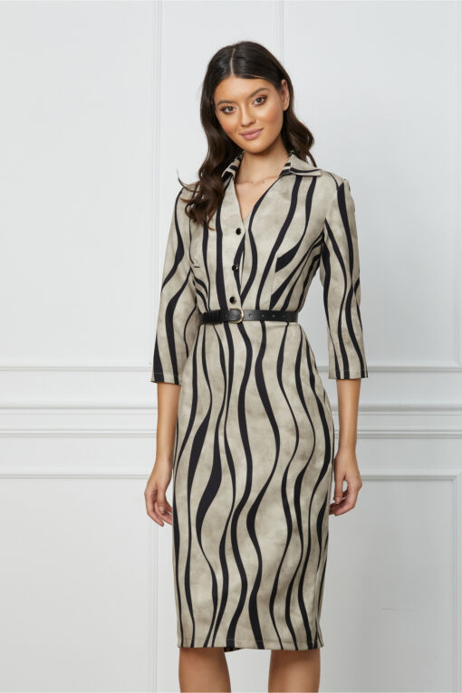 Black Friday 2022 Rochie Andreea ivory cu imprimeuri negre si curea in talie