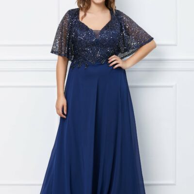 Black Friday 2022 Rochie Anemona lunga bleumarin cu paiete si broderie la bust