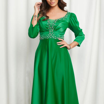 Black Friday 2022 Rochie Anisia verde cu strasuri pe bust si talie