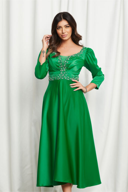 Black Friday 2022 Rochie Anisia verde cu strasuri pe bust si talie