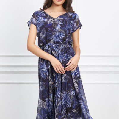 Black Friday 2022 Rochie Anita neagra cu imprimeuri bleumarin si cordon in talie