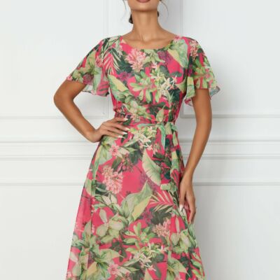 Black Friday 2022 Rochie Antonia fucsia cu imprimeu floral verde si cordon in talie