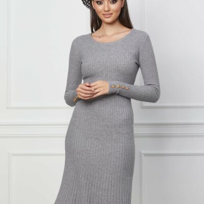 Black Friday 2022 Rochie Antonia gri din tricot reiat cu nasturi pe maneci