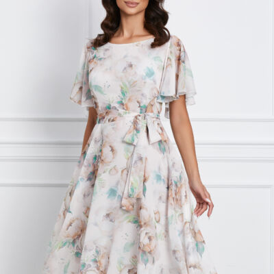 Black Friday 2022 Rochie Antonia ivory cu imprimeu bej si cordon in talie