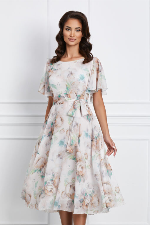 Black Friday 2022 Rochie Antonia ivory cu imprimeu bej si cordon in talie