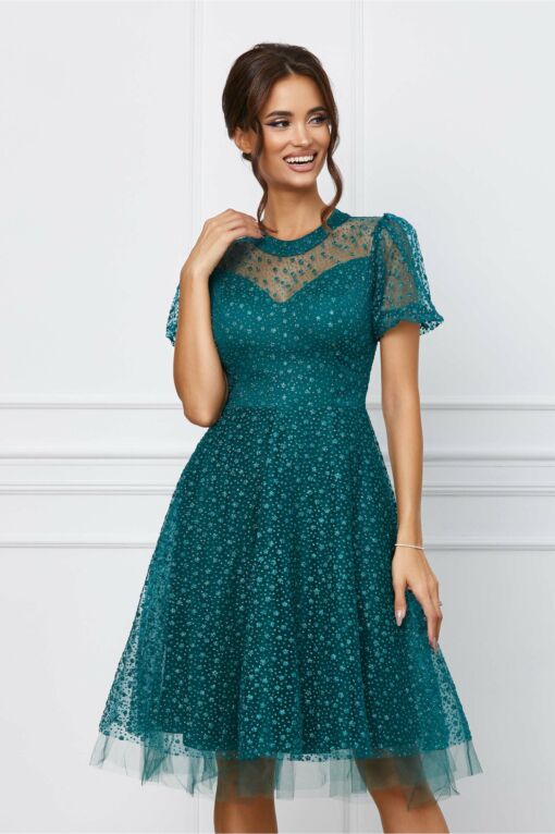 Black Friday 2022 Rochie Atena verde din tulle cu aplicatii florale