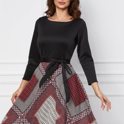 Black Friday 2022 Rochie Barbara neagra cu imprimeuri bordo si cordon in talie