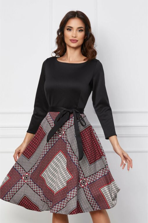 Black Friday 2022 Rochie Barbara neagra cu imprimeuri bordo si cordon in talie