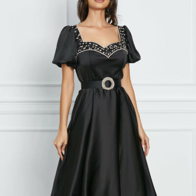Black Friday 2022 Rochie Beatrice neagra cu aplicatii din strasuri la bust si curea in talie
