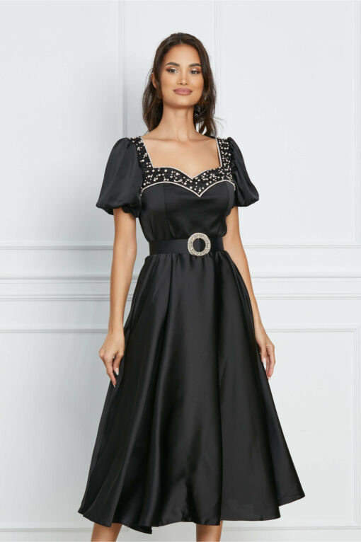 Black Friday 2022 Rochie Beatrice neagra cu aplicatii din strasuri la bust si curea in talie