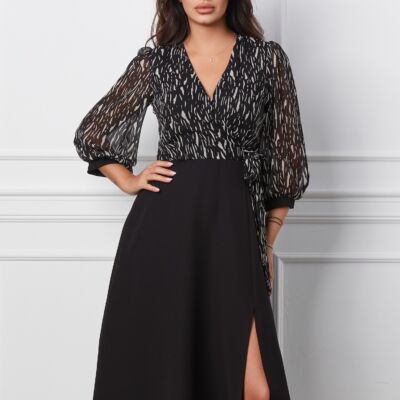 Black Friday Rochie Bella neagra cu imprimeu la bust si crepeu pe fusta