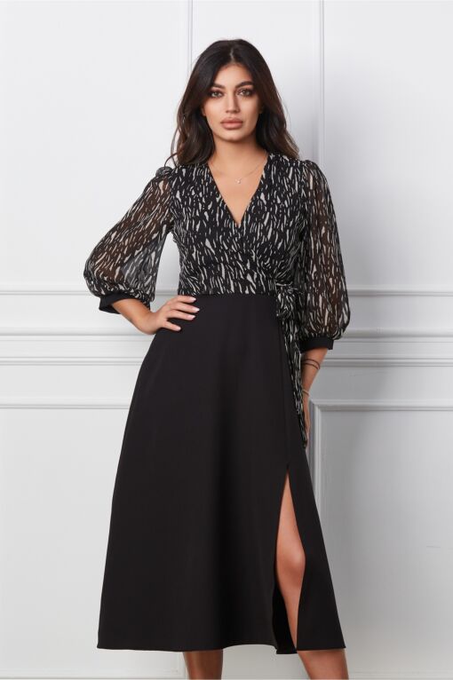 Black Friday Rochie Bella neagra cu imprimeu la bust si crepeu pe fusta