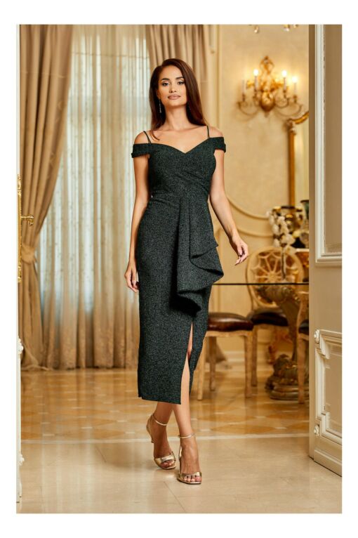 Black Friday 2022 Rochie Berta verde cu umeri goi si volan pe fusta