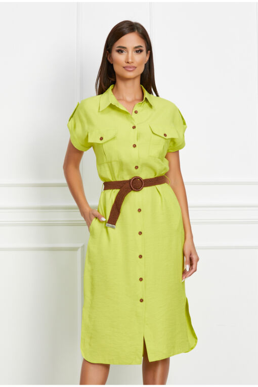 Black Friday 2022 Rochie Bianca tip camasa verde crud cu nasturi si curea in talie