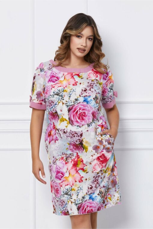 Black Friday 2022 Rochie Brielle cu imprimeu floral roz si fundite la maneci