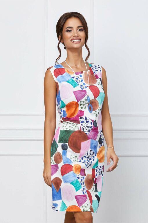 Black Friday 2022 Rochie Bya alba de vara cu imprimeu geometric multicolor