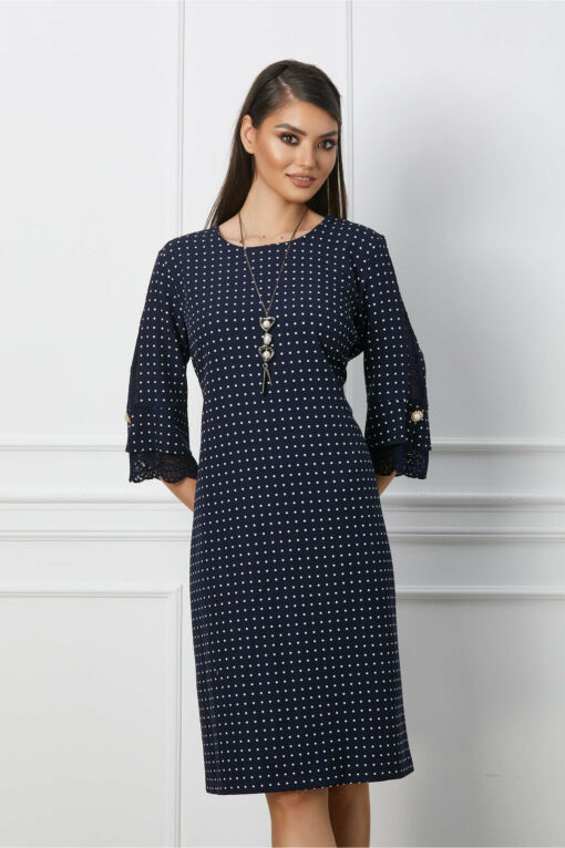 Black Friday 2022 Rochie Camelia bleumarin cu buline si dantela pe maneci
