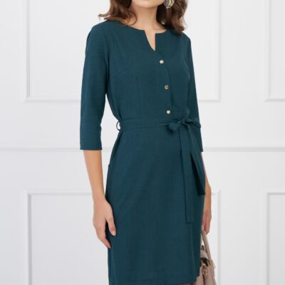 Black Friday Rochie Camelia verde cu nasturi pe bust si cordon in talie