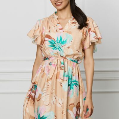 Black Friday Rochie Carina bej cu imprimeuri florale roz si cordon in talie