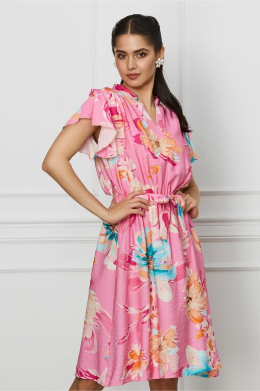 Black Friday 2022 Rochie Carina roz cu imprimeuri florale orange si cordon in talie